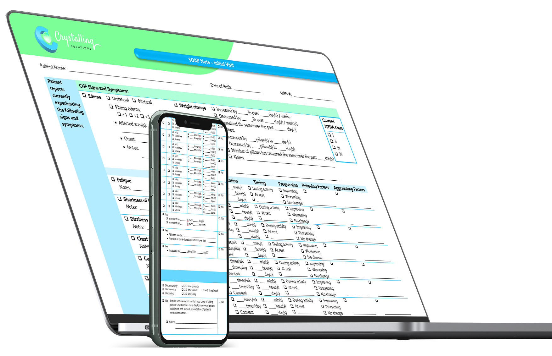 Laptop Mockup and Phone Mockup of Crystallinq Solutions CHF Transition of Care Form